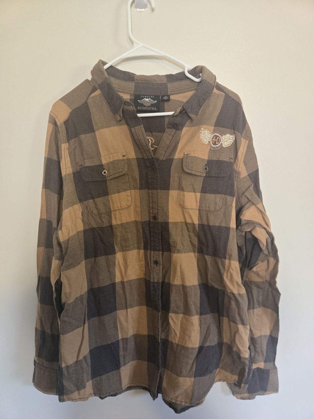 Womens Harley-Davidson Tan and Black Plaid Button-Down Shirt Size 2xl